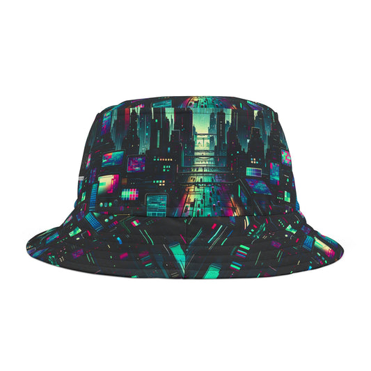 Tech Noir Graphics Cyberpunk Tech Aesthetic Bucket Hat - 8404 Design-57
