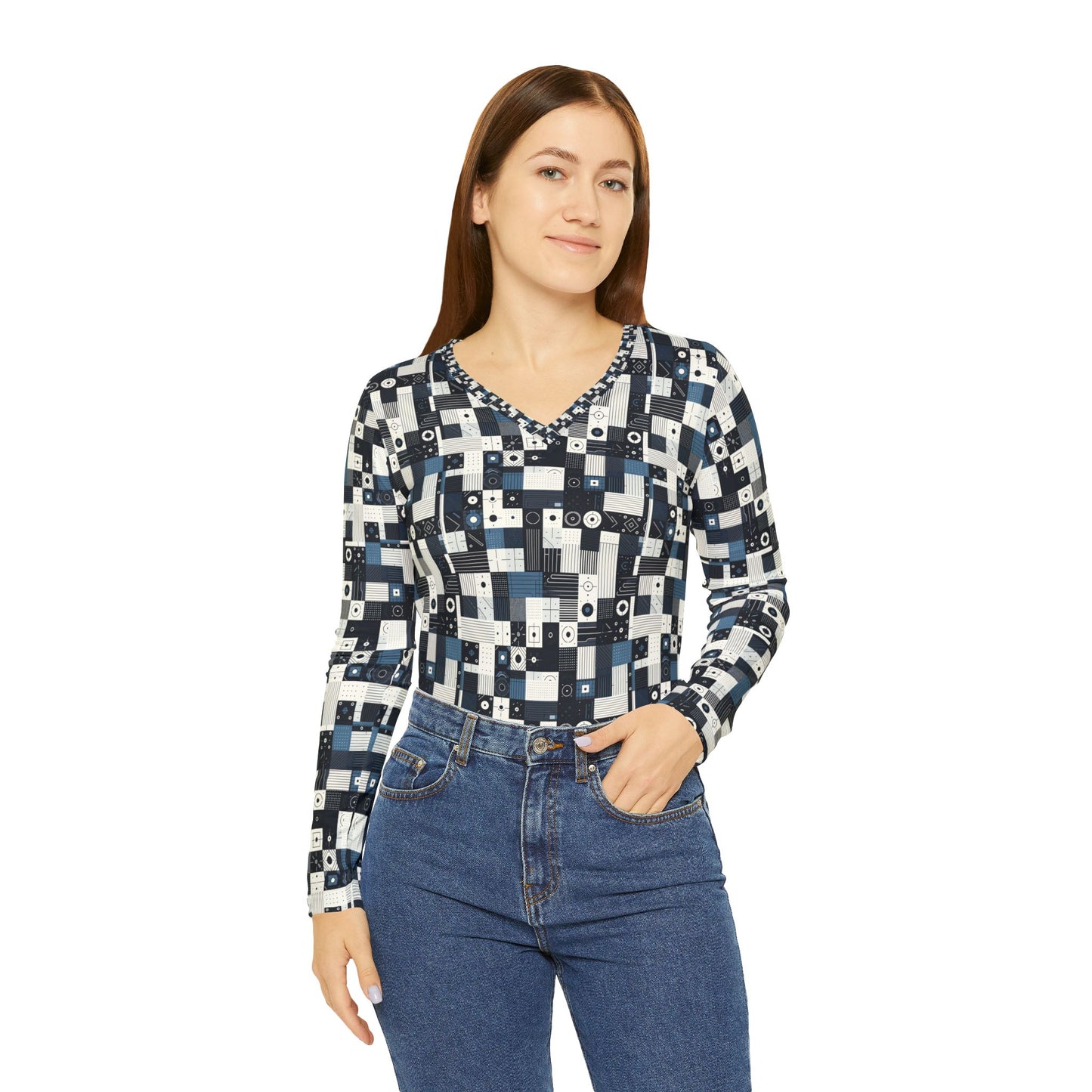 Minimalist Athleisure Minimalist Tech Women's Long Sleeve V-Neck Shirt - 8404 Design-39