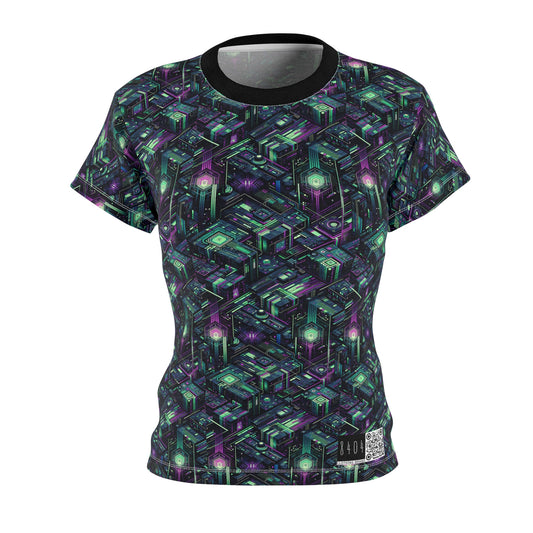 Tech Noir Aesthetics Tech-Forward Urban Dystopia Women's Cut & Sew Tee - 8404 Design-43