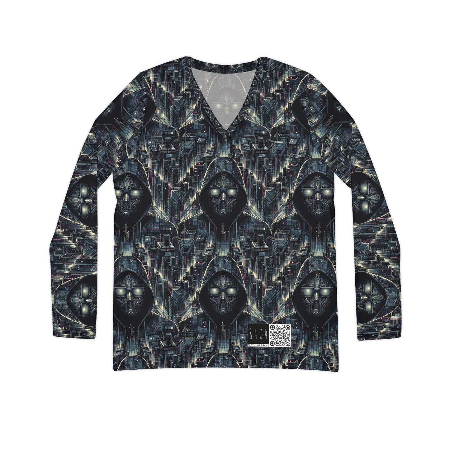 Tech Noir Aesthetics Sleek Tech Streetwear Women's Long Sleeve V-Neck Shirt - 8404 Design-56