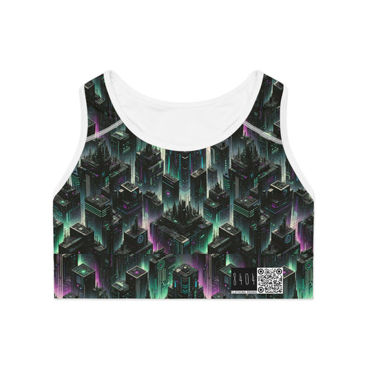 Tech Noir Aesthetics Tech-Forward Urban Dystopia Sports Bra - 8404 Design-44