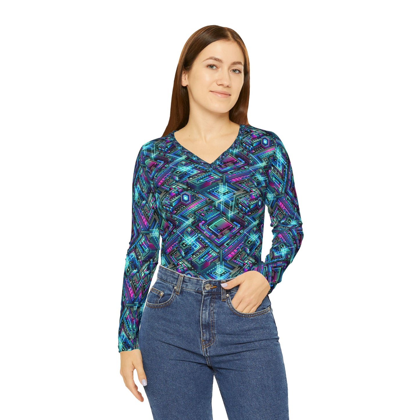 Digital Dreamland Futuristic Tech Aesthetic Women's Long Sleeve V-Neck Shirt - 8404 Design-42