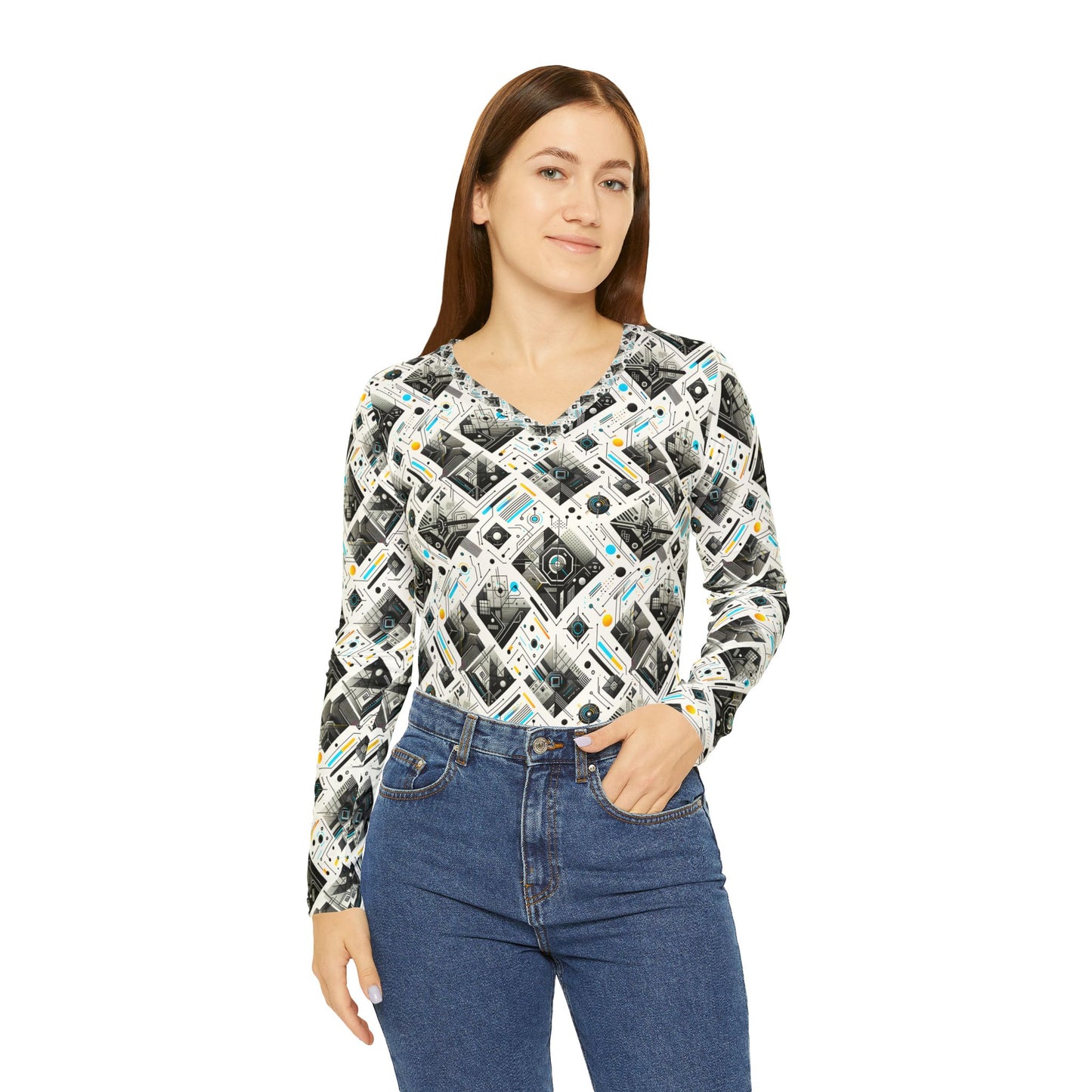 Tech Minimalism Minimalist Tech Women's Long Sleeve V-Neck Shirt - 8404 Design-47
