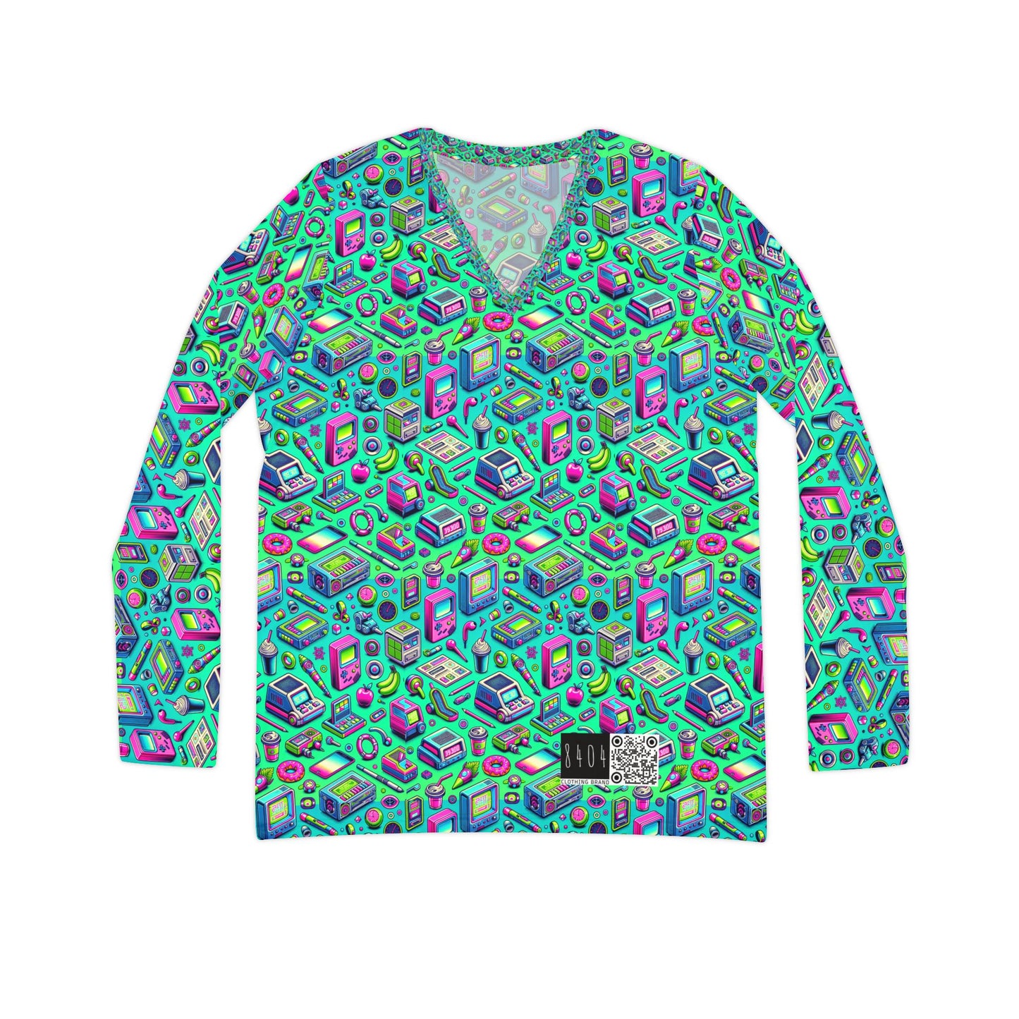 Y2k Revival Nostalgic Futurism Women's Long Sleeve V-Neck Shirt - 8404 Design-48