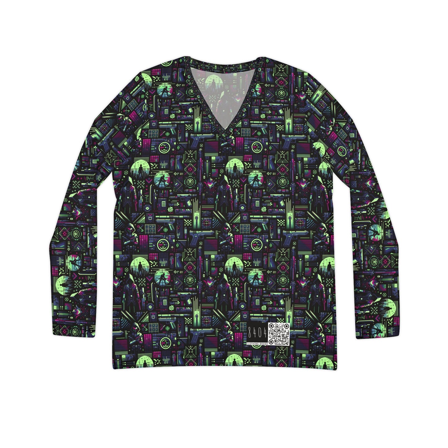 Tech Noir Futuristic Cyberpunk Women's Long Sleeve V-Neck Shirt - 8404 Design-63