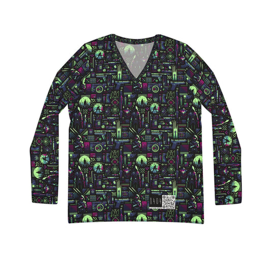 Tech Noir Futuristic Cyberpunk Women's Long Sleeve V-Neck Shirt - 8404 Design-63