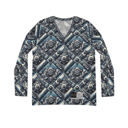Tech Utility Fusion Tech-Forward Utility With a Futuristic Edge Women's Long Sleeve V-Neck Shirt - 8404 Design-43