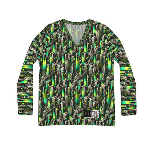 Digital Rebellion Tech-Forward Streetwear Women's Long Sleeve V-Neck Shirt - 8404 Design-63