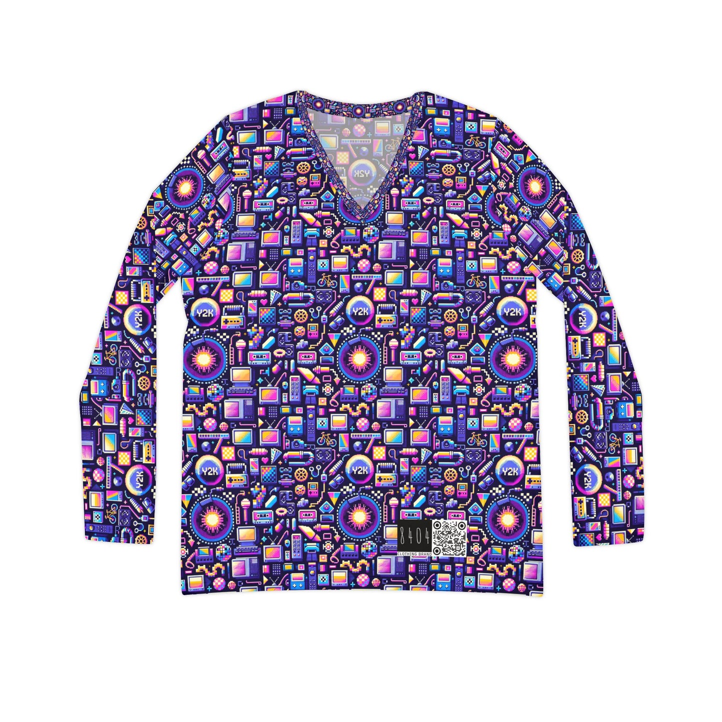 Digital Nostalgia Modern Retro Fusion Women's Long Sleeve V-Neck Shirt - 8404 Design-64