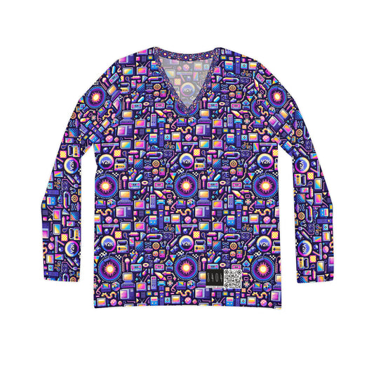 Digital Nostalgia Modern Retro Fusion Women's Long Sleeve V-Neck Shirt - 8404 Design-64