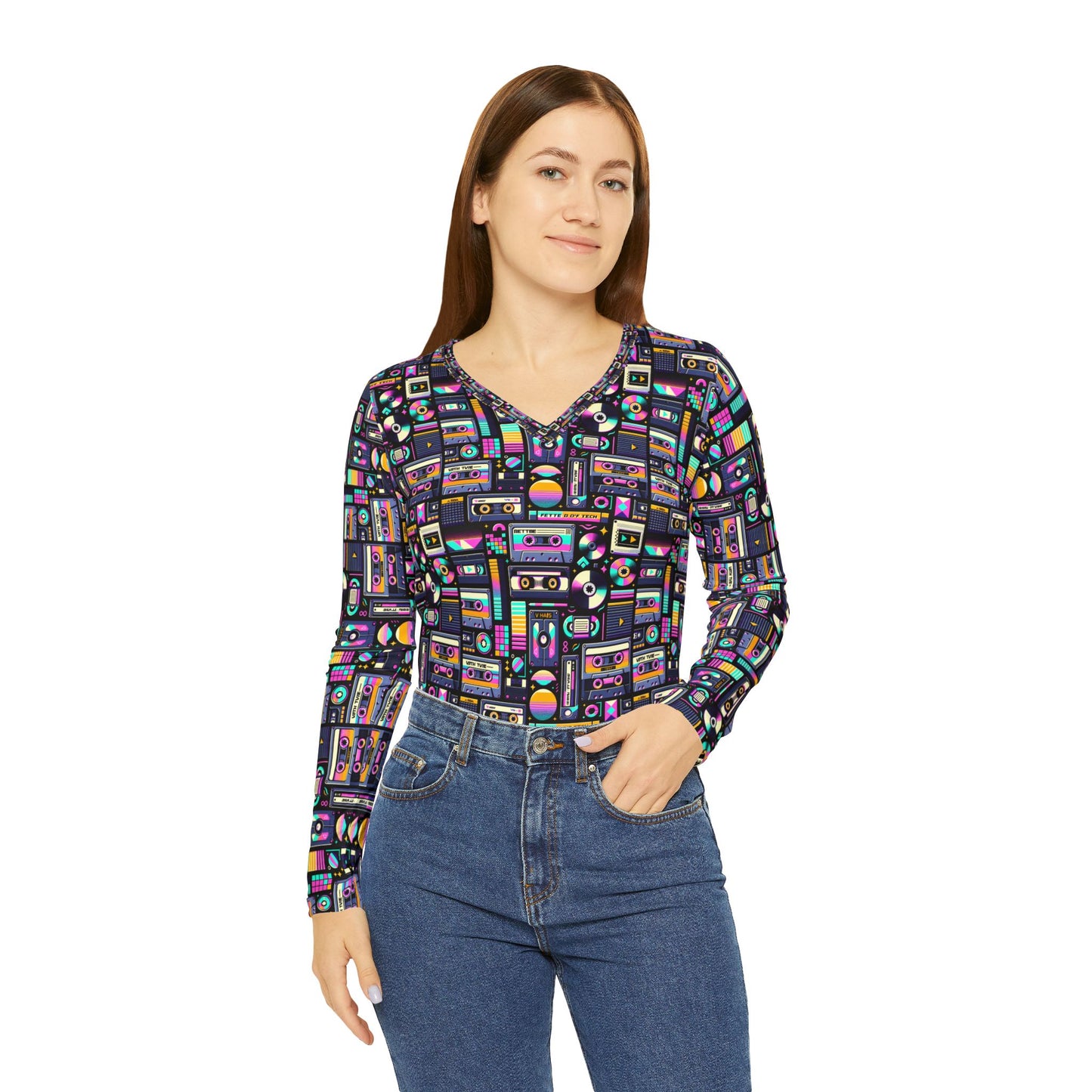 Digital Nostalgia Tech-Inspired Retro Fusion Women's Long Sleeve V-Neck Shirt - 8404 Design-48