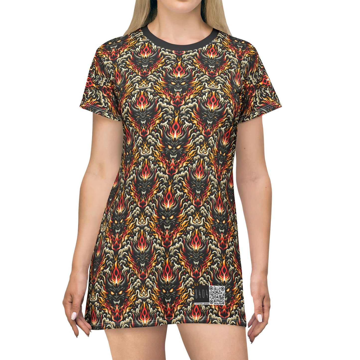 Flame Graphics Maximalist Streetwear T-Shirt Dress - 8404 Design-59