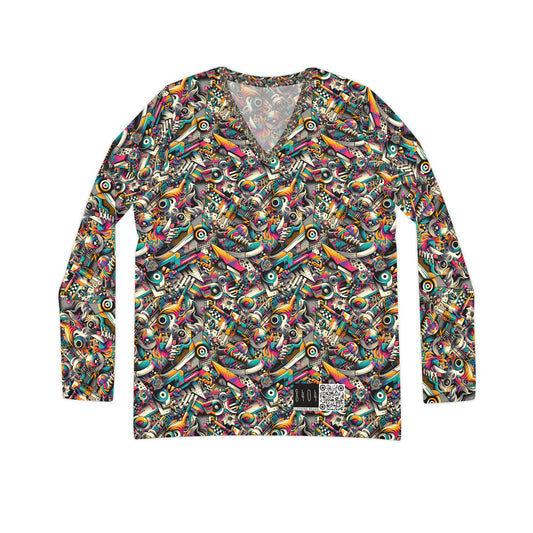 Urban Graffiti Fusion Eclectic Street Art Meets Modern Tech Culture Women's Long Sleeve V-Neck Shirt - 8404 Design-55