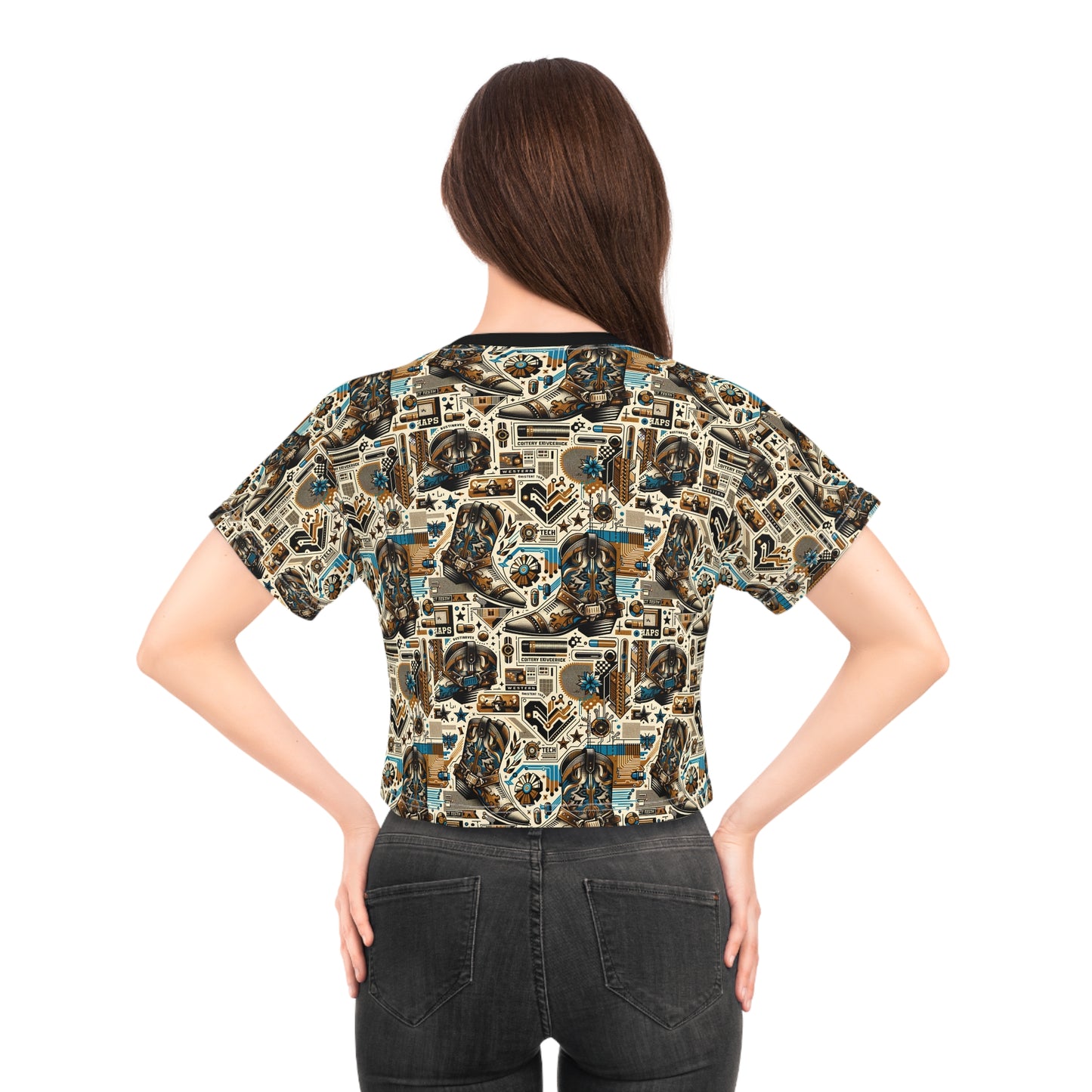 Digital Cowboy Chic Tech-Infused Western Fusion Crop Tee - 8404 Design-45