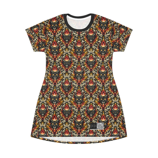 Flame Graphics Maximalist Streetwear T-Shirt Dress - 8404 Design-59
