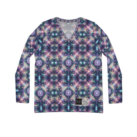 Iridescent Tech Fusion Tech-Forward Streetwear Women's Long Sleeve V-Neck Shirt - 8404 Design-61