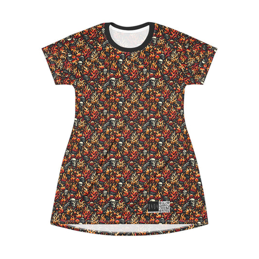Flame Graphics Maximalist Streetwear T-Shirt Dress - 8404 Design-76