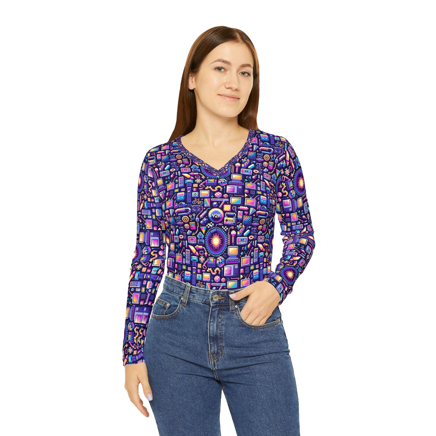 Digital Nostalgia Modern Retro Fusion Women's Long Sleeve V-Neck Shirt - 8404 Design-64