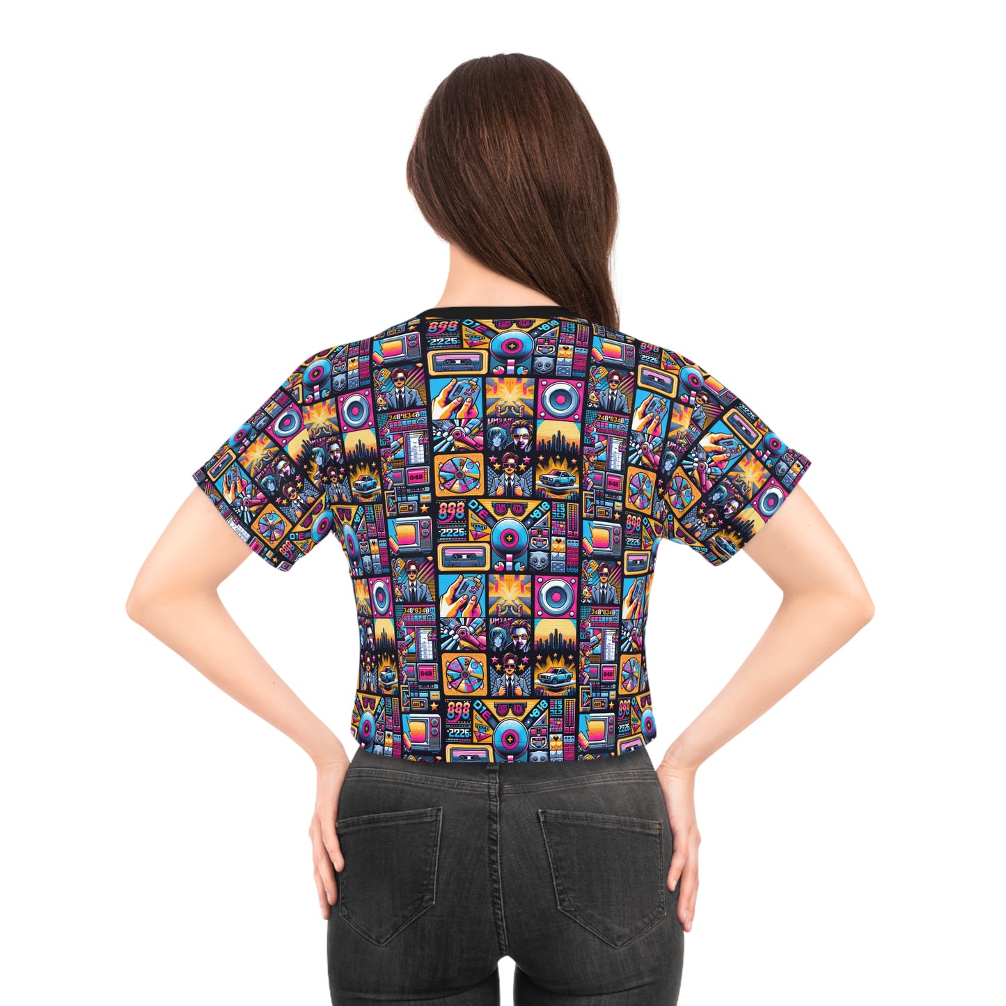 Digital Pop Culture Mashup Maximalist Pop Crop Tee - 8404 Design-52