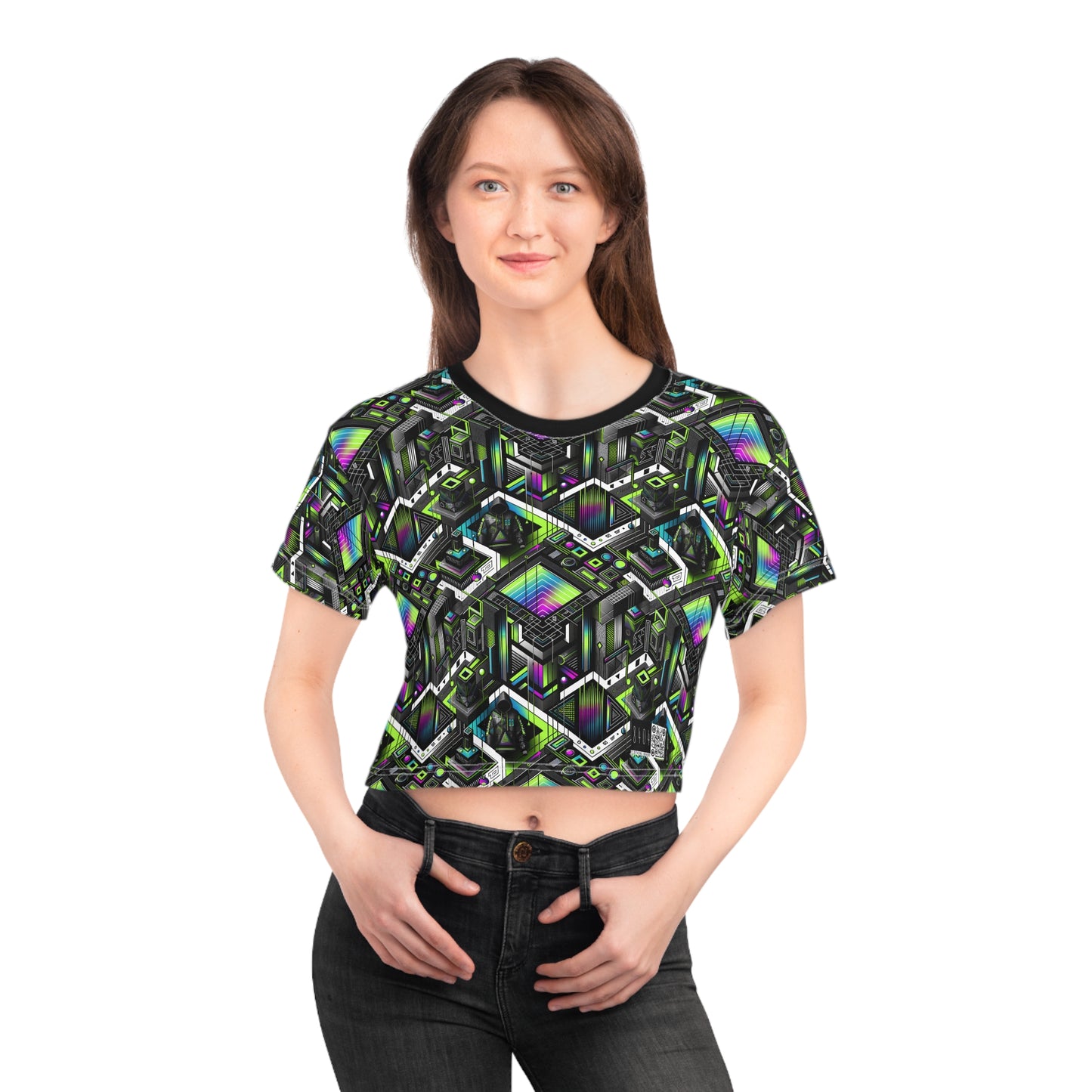 Retro Futurism Graphics Tech-Forward Streetwear Crop Tee - 8404 Design-52