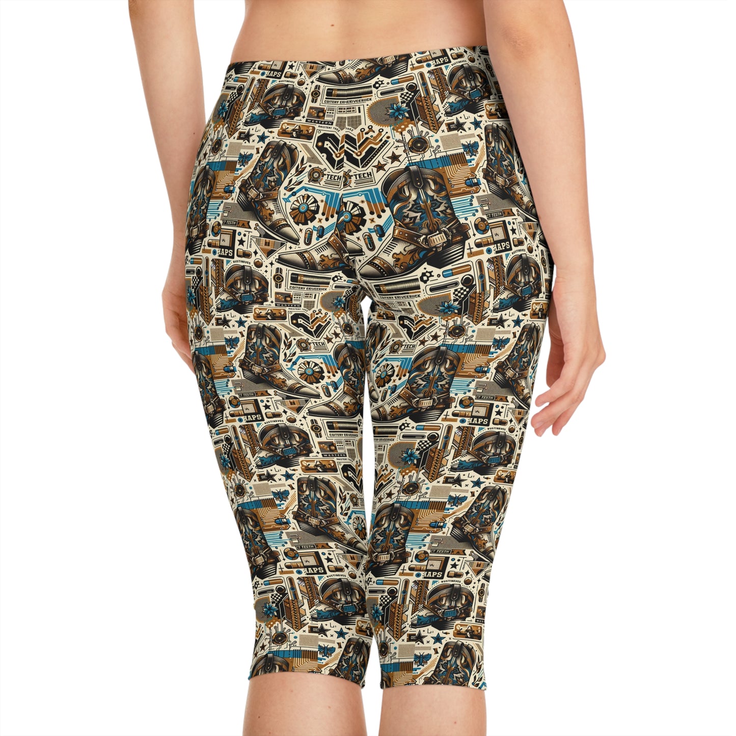 Digital Cowboy Chic Tech-Infused Western Fusion Women's Capri Leggings - 8404 Design-45