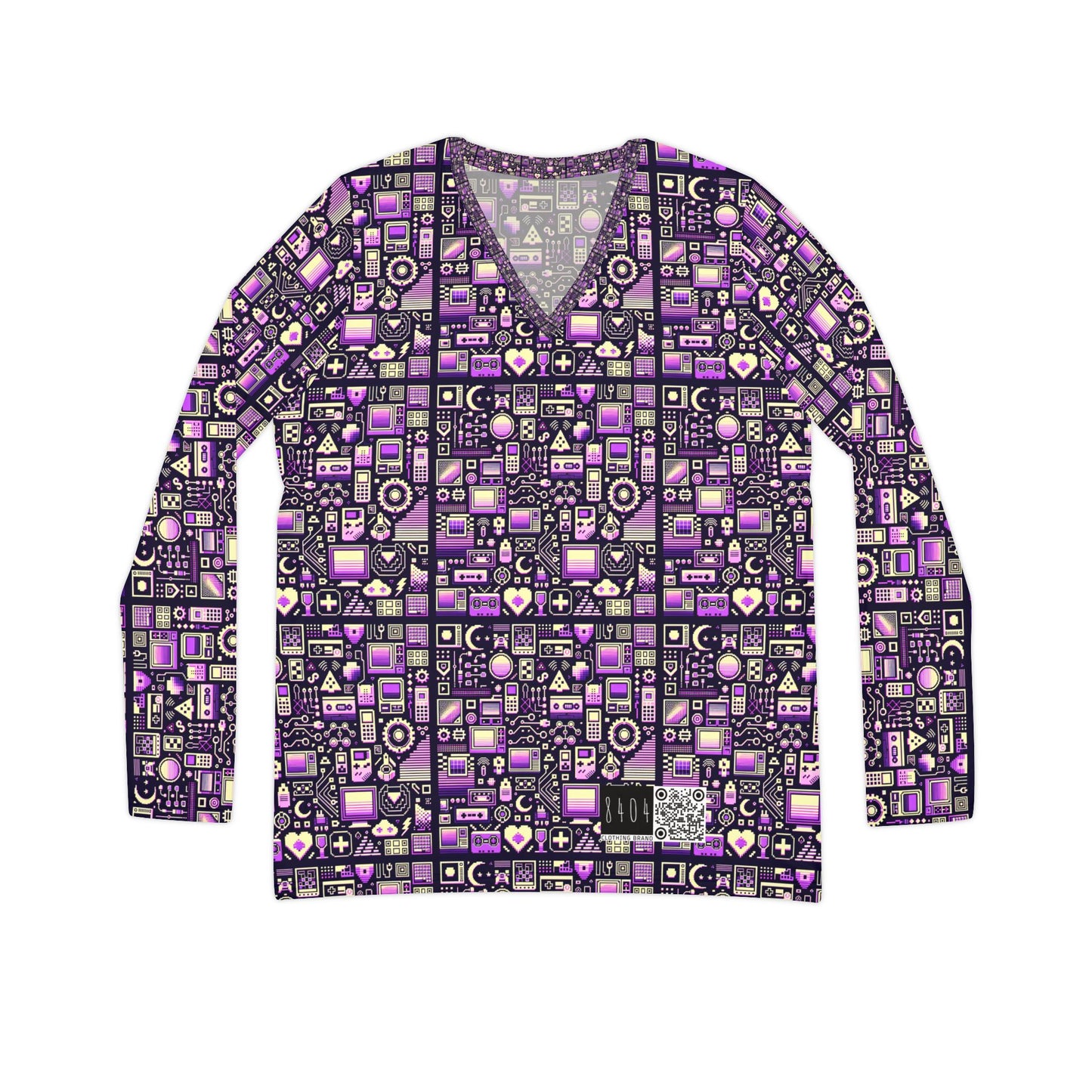 Digital Nostalgia Remix Modern Vintage Fusion Women's Long Sleeve V-Neck Shirt - 8404 Design-54