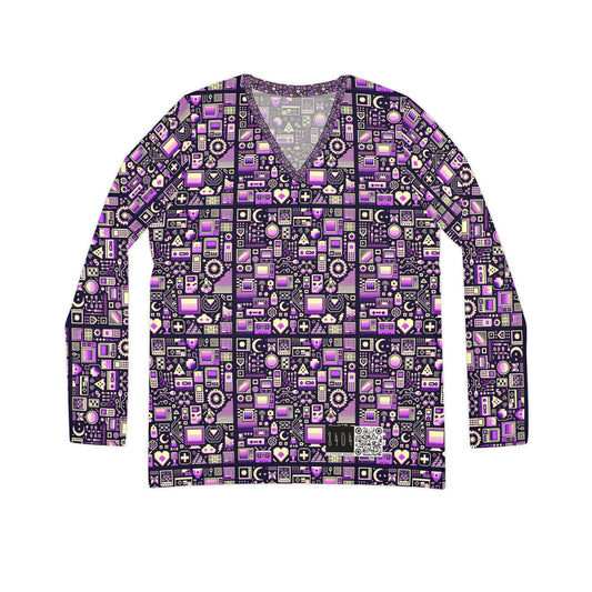 Digital Nostalgia Remix Modern Vintage Fusion Women's Long Sleeve V-Neck Shirt - 8404 Design-54