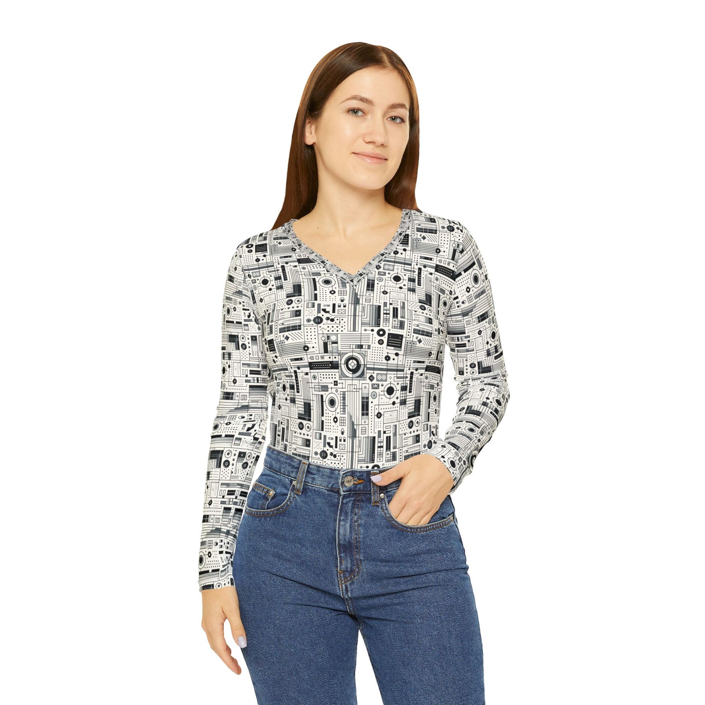 Digital Minimalism Minimalist Tech Women's Long Sleeve V-Neck Shirt - 8404 Design-53
