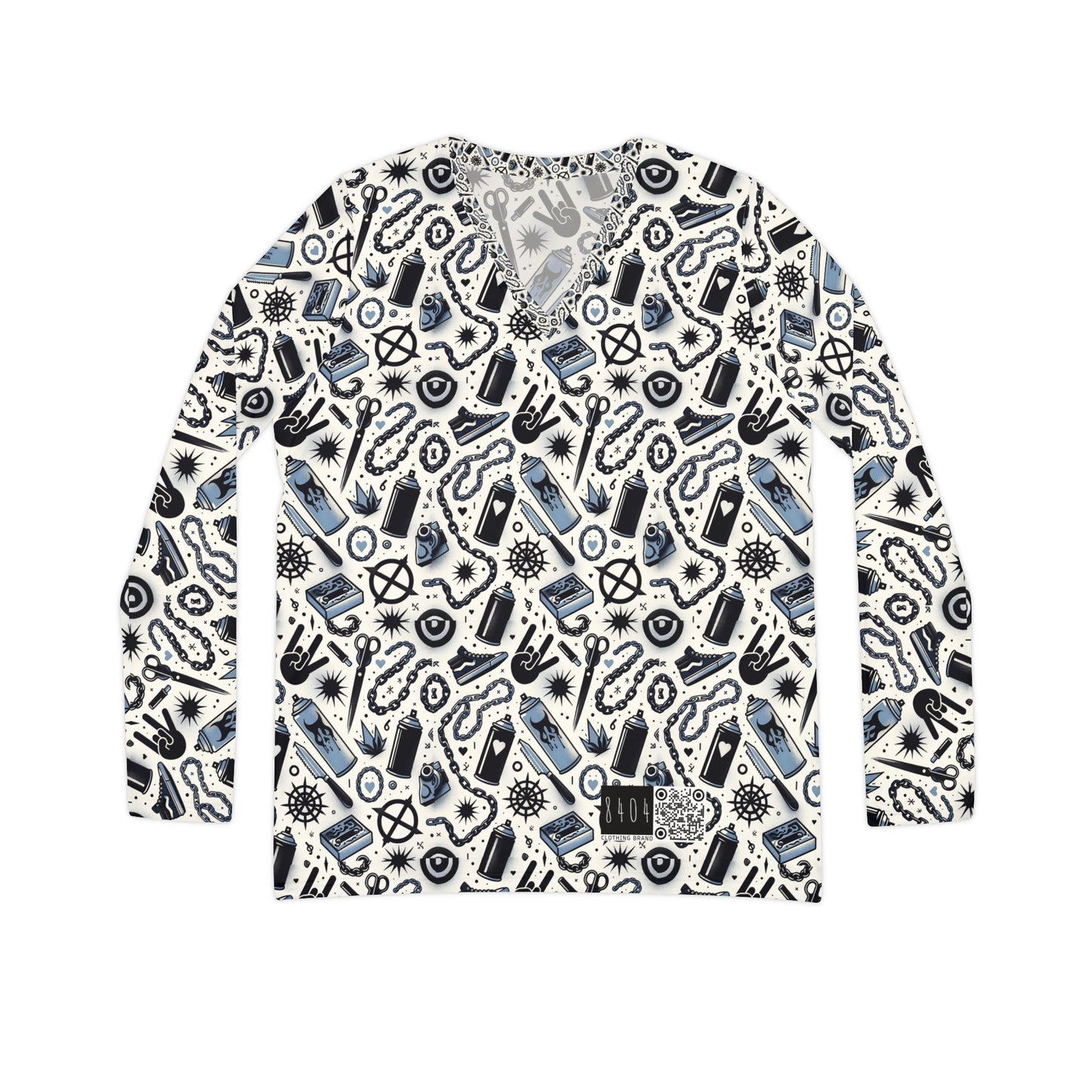 Cultural Rebellion Graphics Edgy and Rebellious With a Hint of Nostalgia Women's Long Sleeve V-Neck Shirt - 8404 Design-57