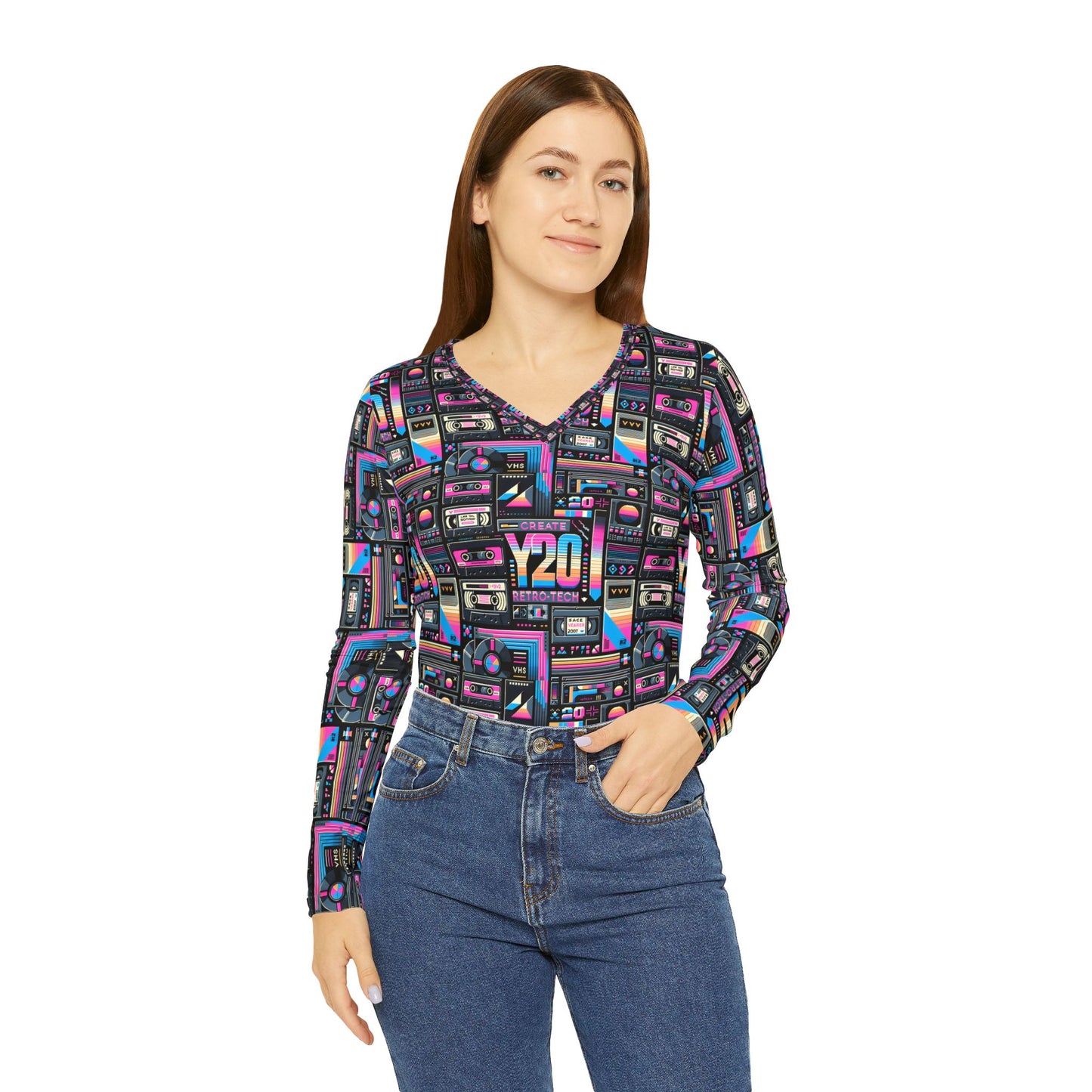 Digital Nostalgia Tech-Inspired Retro Fusion Women's Long Sleeve V-Neck Shirt - 8404 Design-65