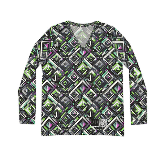 Retro Futurism Graphics Tech-Forward Streetwear Women's Long Sleeve V-Neck Shirt - 8404 Design-48