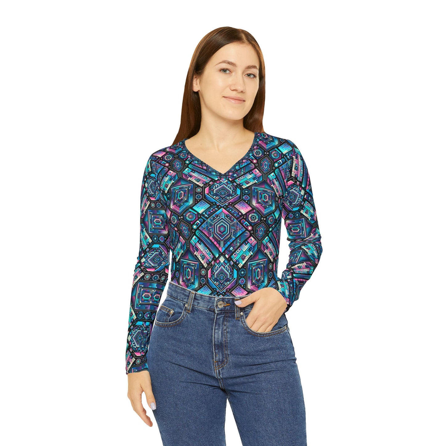 Digital Dreamland Futuristic Tech Aesthetic Women's Long Sleeve V-Neck Shirt - 8404 Design-46