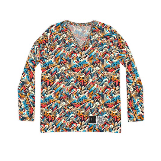 Neo-Traditional Street Art Modern Street Art Fusion Women's Long Sleeve V-Neck Shirt - 8404 Design-44