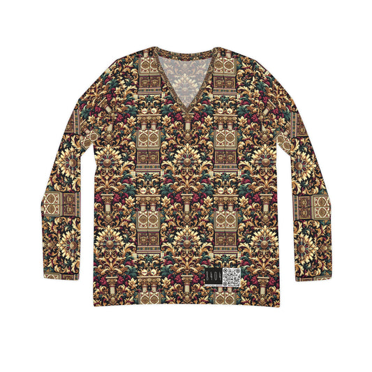 Digital Renaissance Modern Baroque Fusion Women's Long Sleeve V-Neck Shirt - 8404 Design-57
