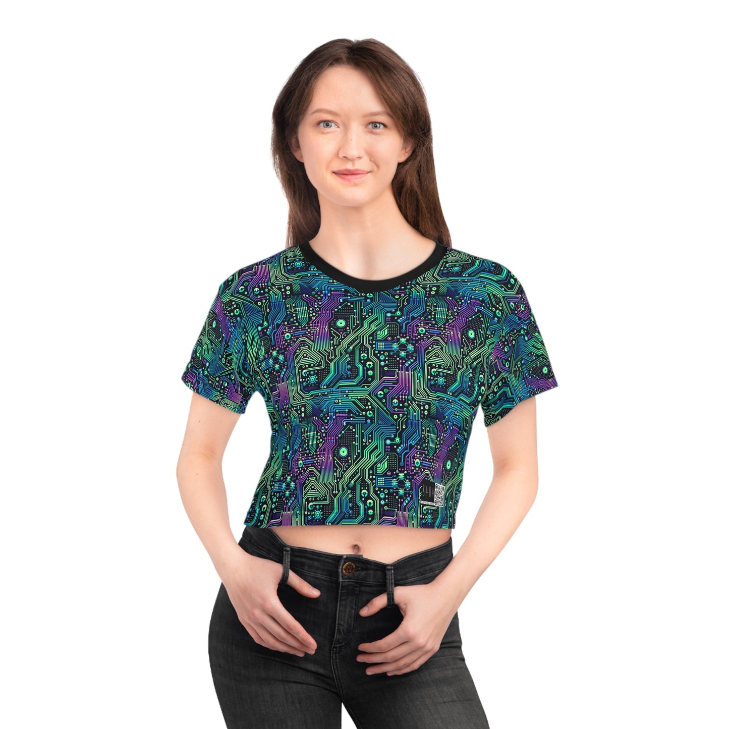 Tech-Infused Neon Tech-Forward Streetwear Crop Tee - 8404 Design-66