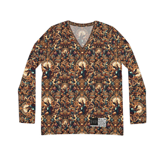 Digital Renaissance Luxurious Streetwear Inspired By Classical Art With a Modern Twist Women's Long Sleeve V-Neck Shirt - 8404 Design-64