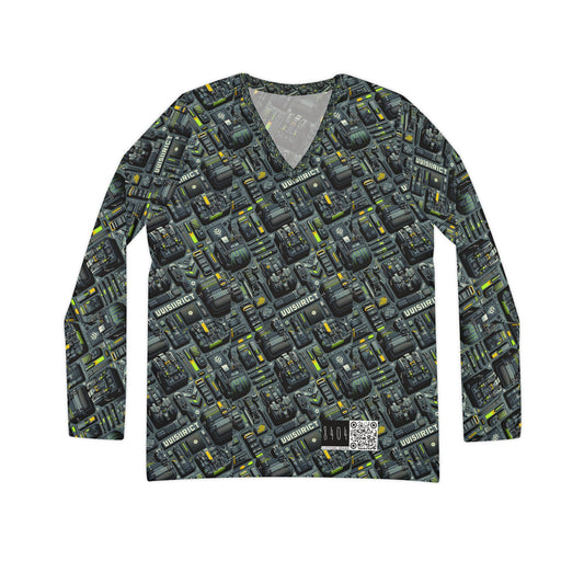 Tech Utility Streetwear Futuristic Tech-Forward Women's Long Sleeve V-Neck Shirt - 8404 Design-47