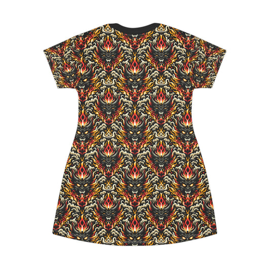 Flame Graphics Maximalist Streetwear T-Shirt Dress - 8404 Design-59