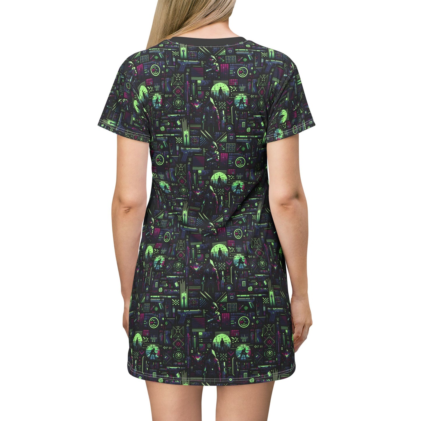 Tech Noir Futuristic Cyberpunk T-Shirt Dress - 8404 Design-63