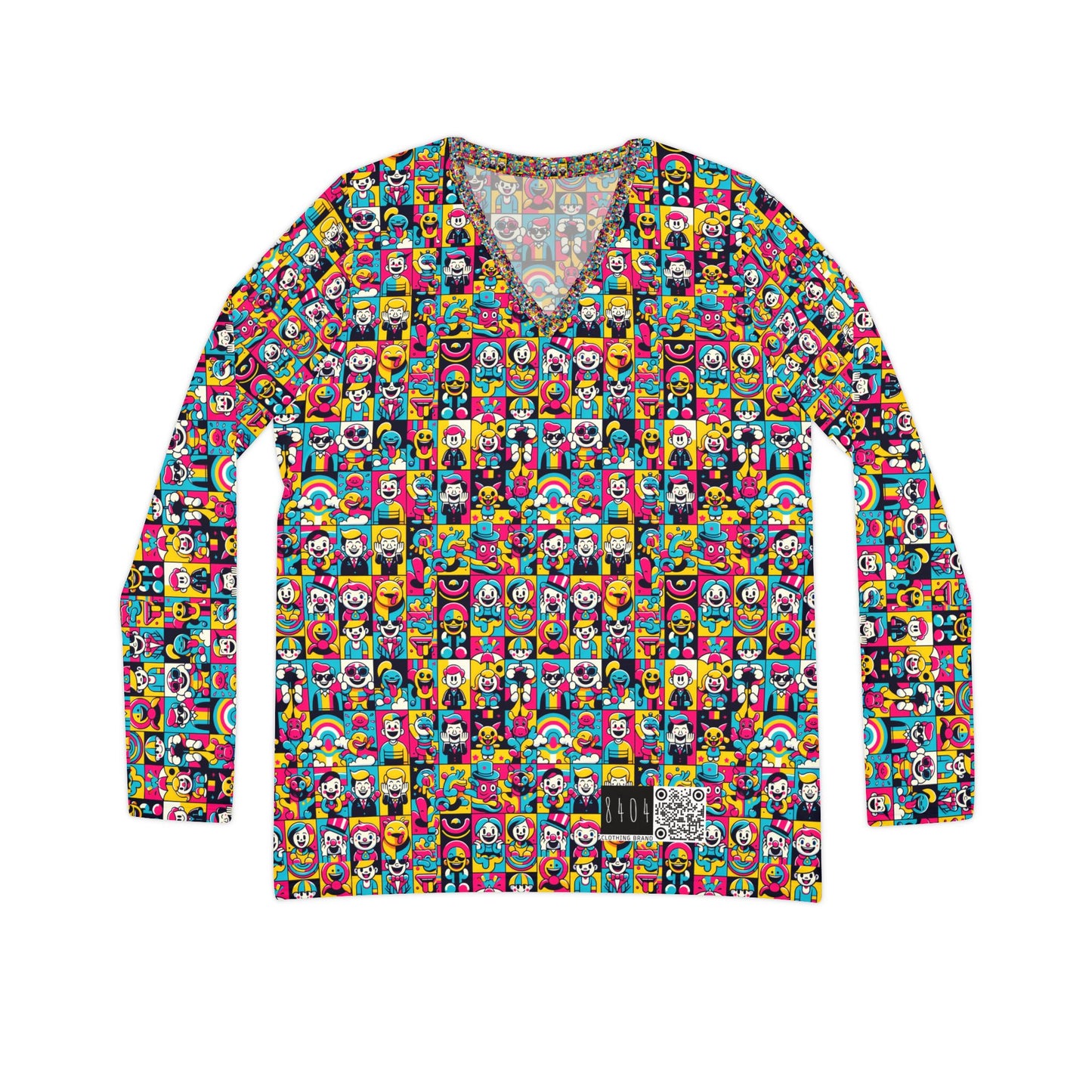 Neon Pop Playful Pop Culture Mashup Women's Long Sleeve V-Neck Shirt - 8404 Design-60