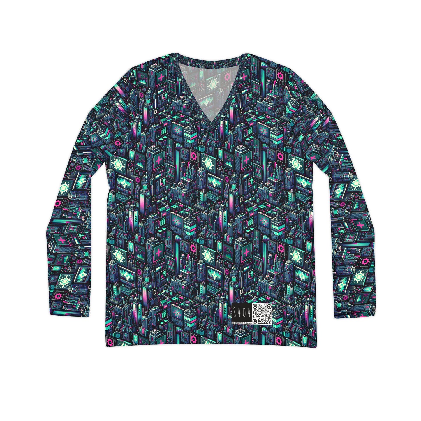 Digital Rebellion Tech-Inspired Streetwear Women's Long Sleeve V-Neck Shirt - 8404 Design-58