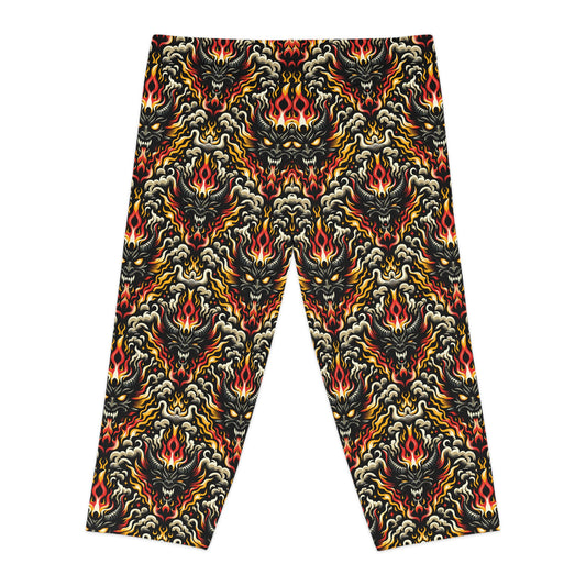 Flame Graphics Maximalist Streetwear Women's Capri Leggings - 8404 Design-59