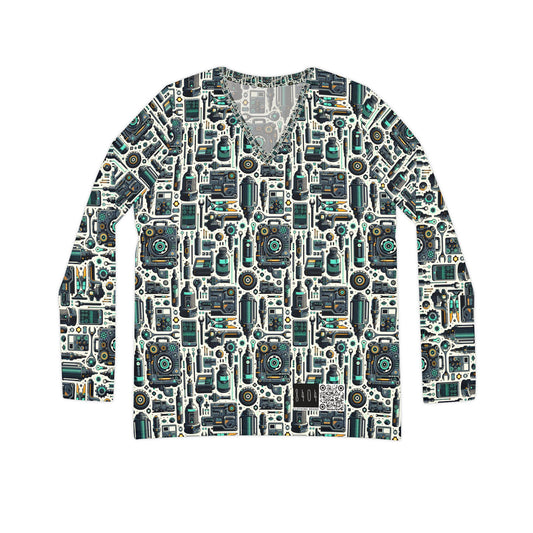 Tech Utility Fusion Modern Tech Streetwear Women's Long Sleeve V-Neck Shirt - 8404 Design-53