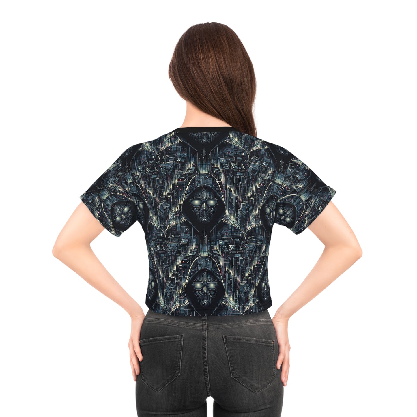 Tech Noir Aesthetics Sleek Tech Streetwear Crop Tee - 8404 Design-56