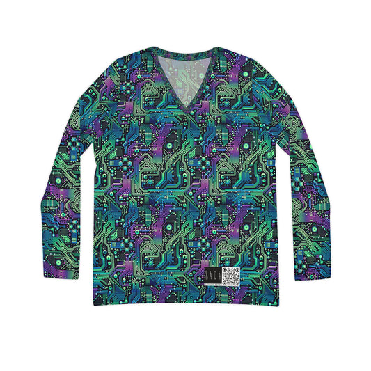 Tech-Infused Neon Tech-Forward Streetwear Women's Long Sleeve V-Neck Shirt - 8404 Design-66