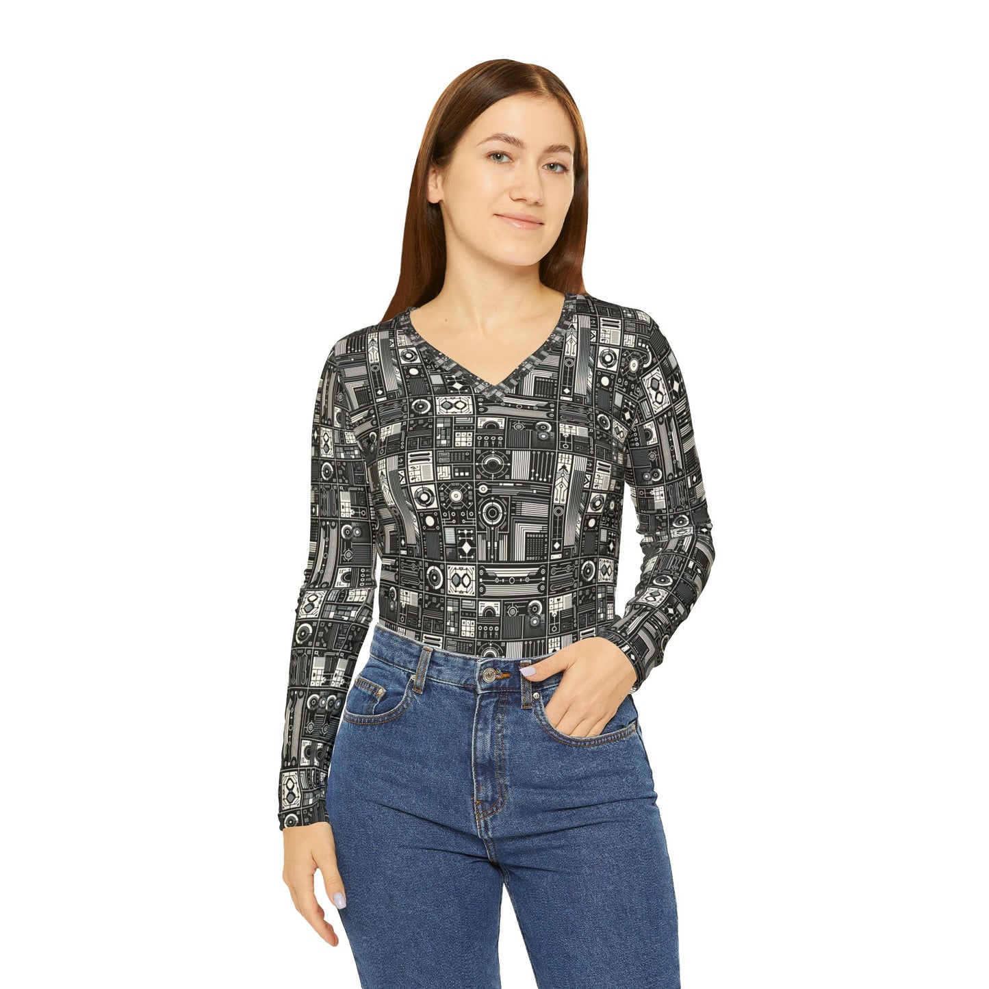 Digital Minimalism Minimalist Tech Women's Long Sleeve V-Neck Shirt - 8404 Design-62