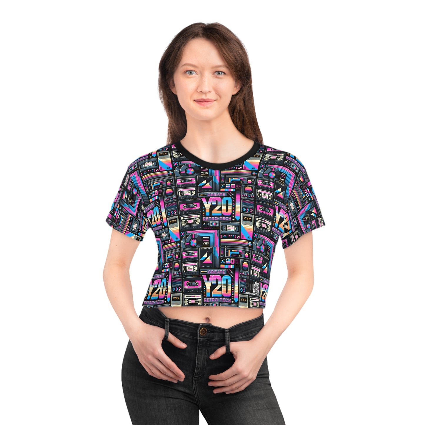 Digital Nostalgia Tech-Inspired Retro Fusion Crop Tee - 8404 Design-65