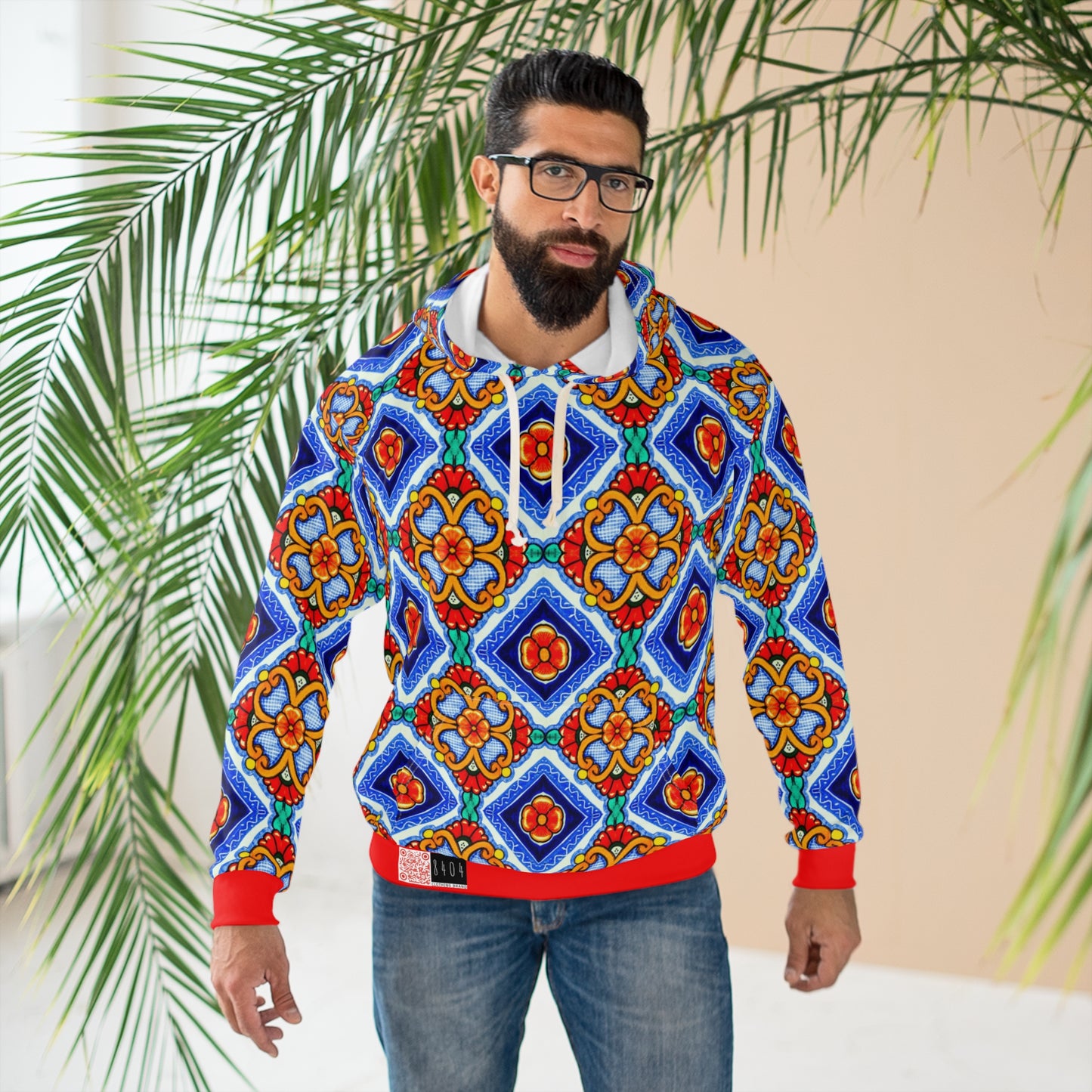 8404 Unisex Adult's "elegant Retro Mosaic" Fashion Pullover Hoodie in Red