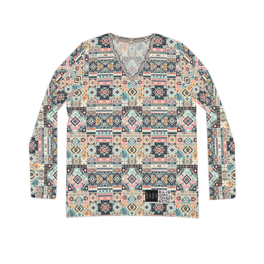 Digital Artisanal Fusion Digital Artisanal Women's Long Sleeve V-Neck Shirt - 8404 Design-55