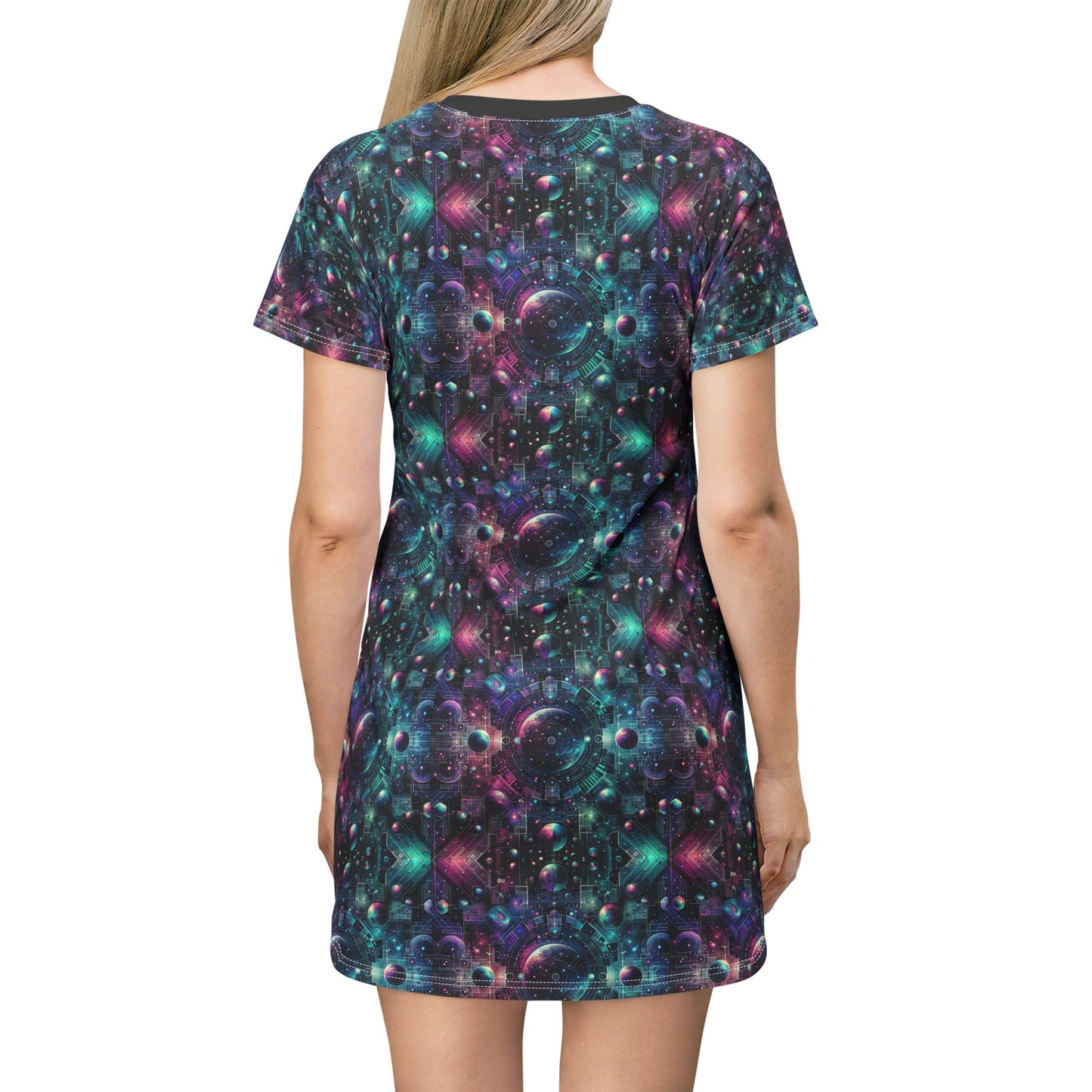 Galactic Hues Tech-Forward Cosmic Fusion T-Shirt Dress - 8404 Design-59